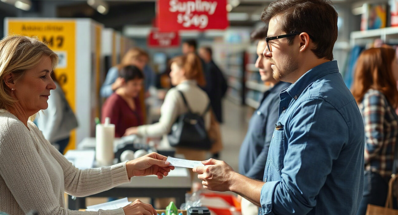 A cashier hands a receipt to a customer in a bright, modern retail store, illustrating the latest US Redbook Index data.
