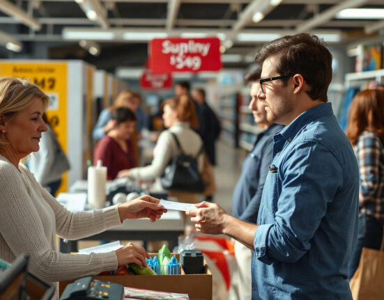 A cashier hands a receipt to a customer in a bright, modern retail store, illustrating the latest US Redbook Index data.