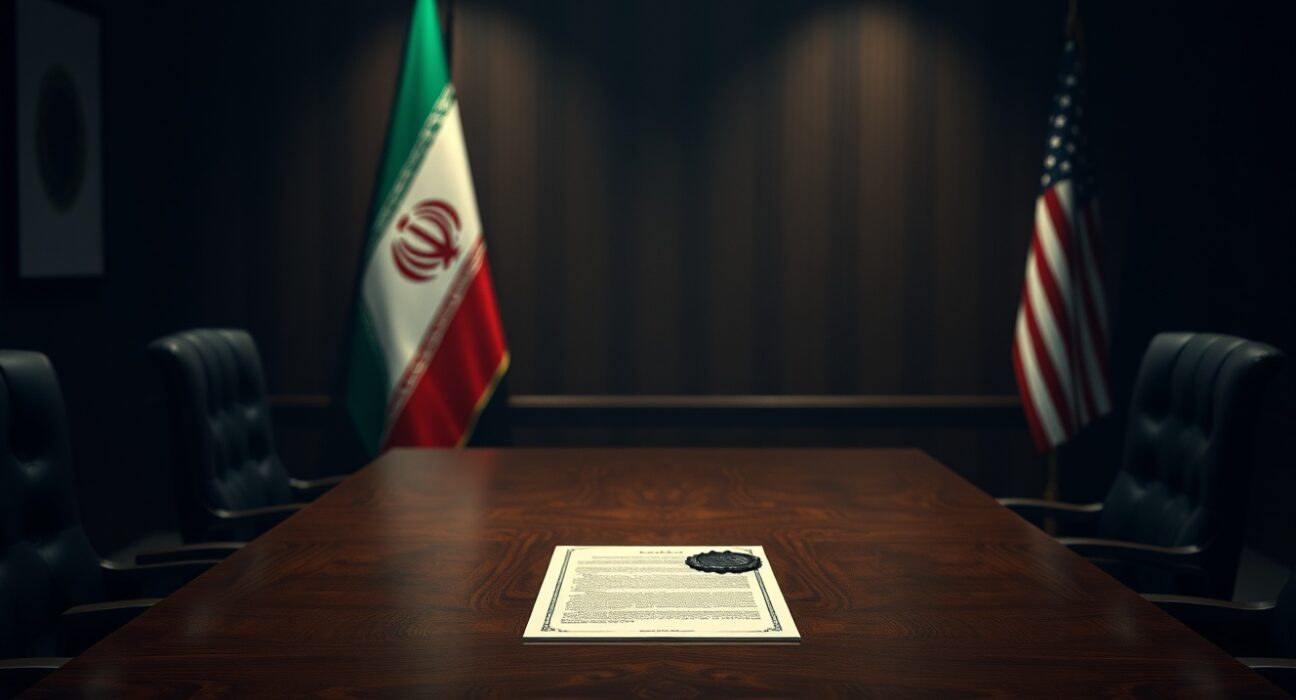Diplomatic table with a document and flags of Iran and the United States