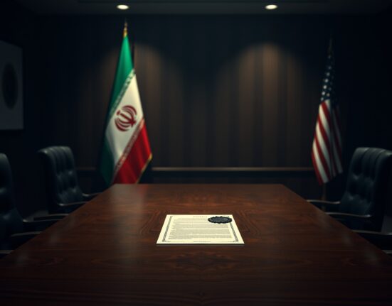 Diplomatic table with a document and flags of Iran and the United States