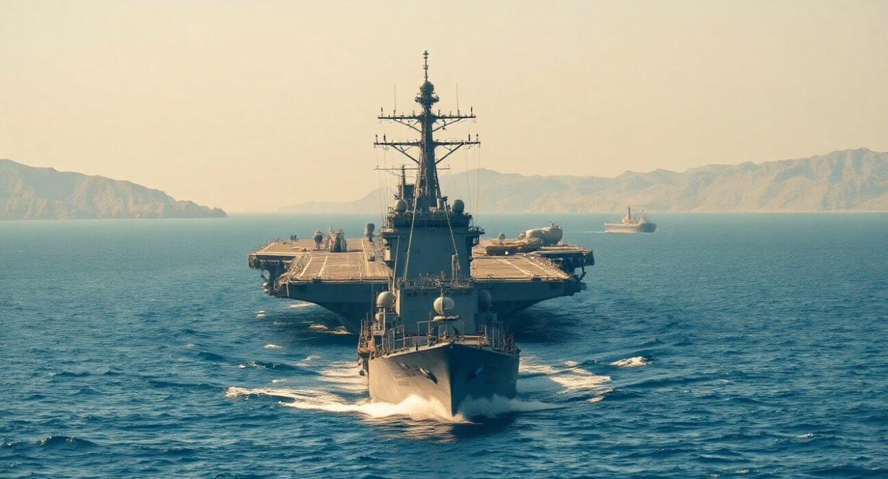 U.S. Navy aircraft carrier and destroyer sailing through the Strait of Hormuz near the Iranian coastline.