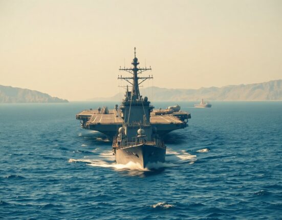 U.S. Navy aircraft carrier and destroyer sailing through the Strait of Hormuz near the Iranian coastline.