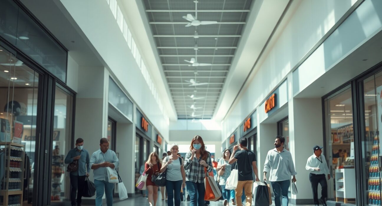 Shoppers walking in a brightly lit American mall, representing consumer spending activity in April 2025.