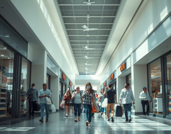 Shoppers walking in a brightly lit American mall, representing consumer spending activity in April 2025.