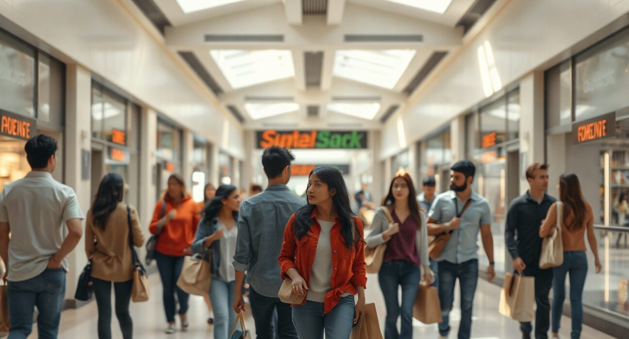 Shoppers in a US mall as retail sales data shows a July decline