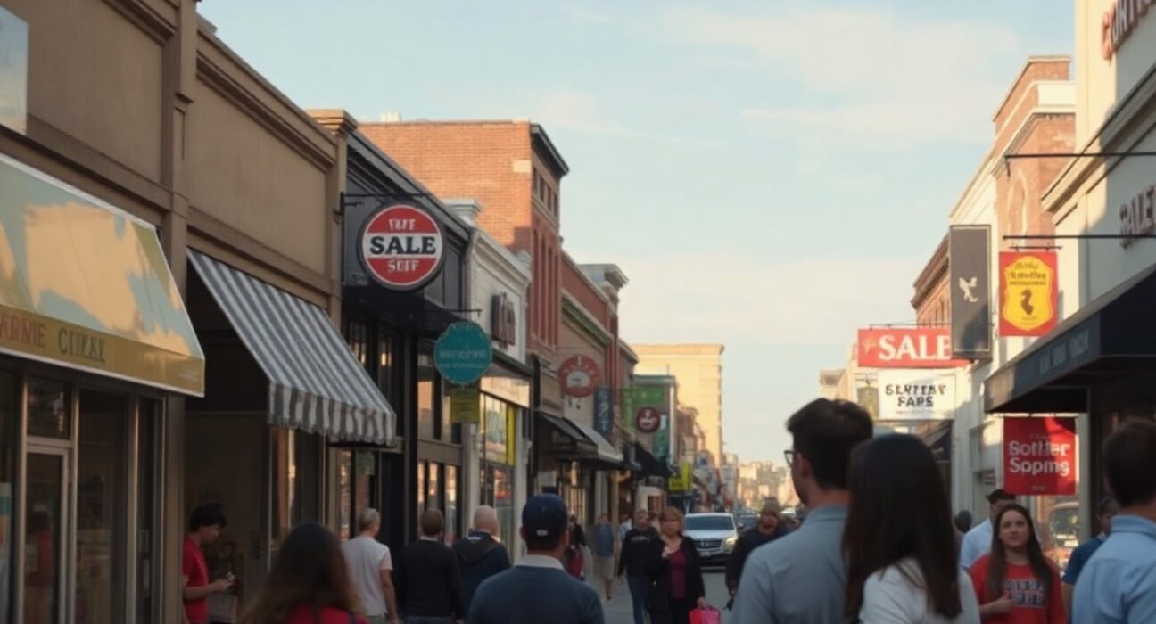 Shoppers walking on a busy American retail street with storefronts and sale signs