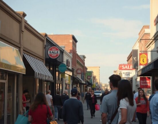 Shoppers walking on a busy American retail street with storefronts and sale signs