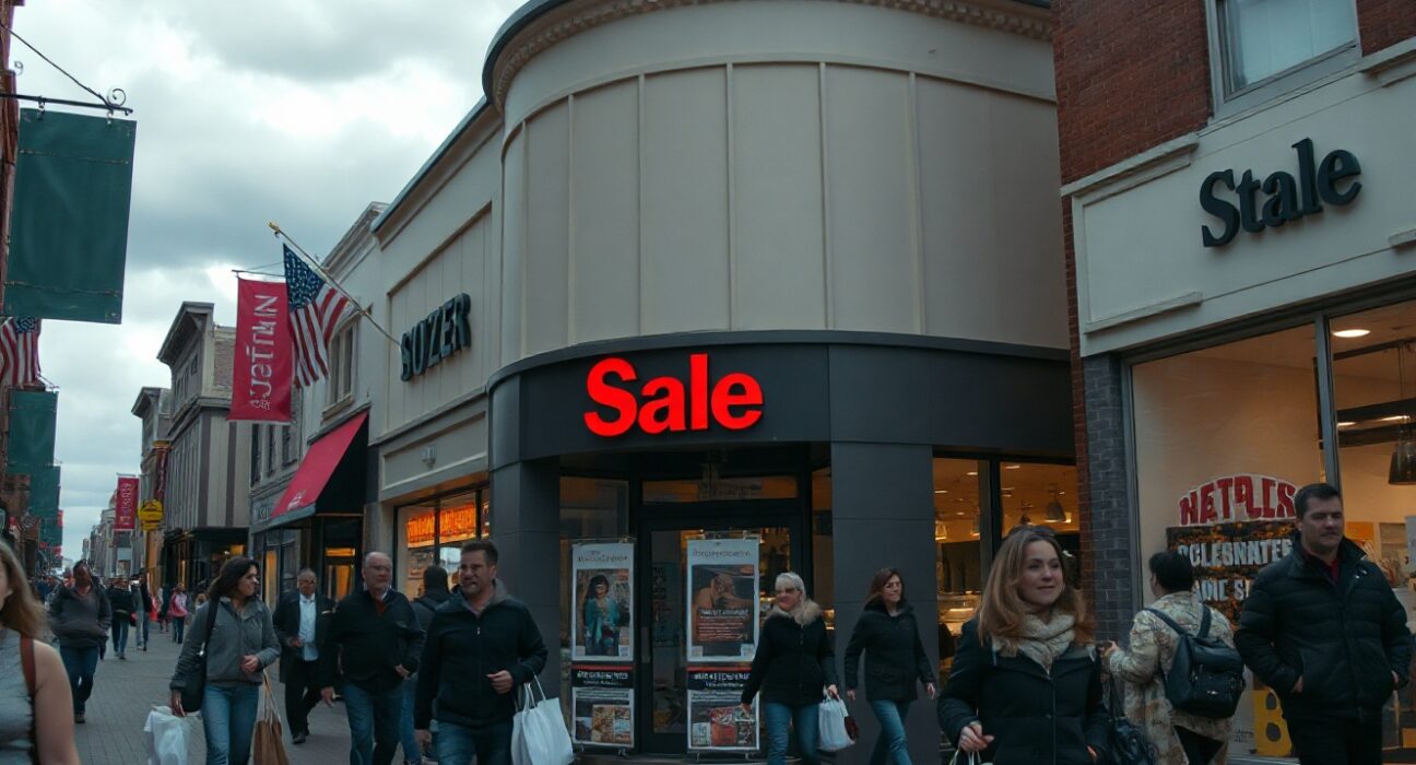 Shoppers walking past storefronts on a cloudy day, reflecting cautious consumer spending.
