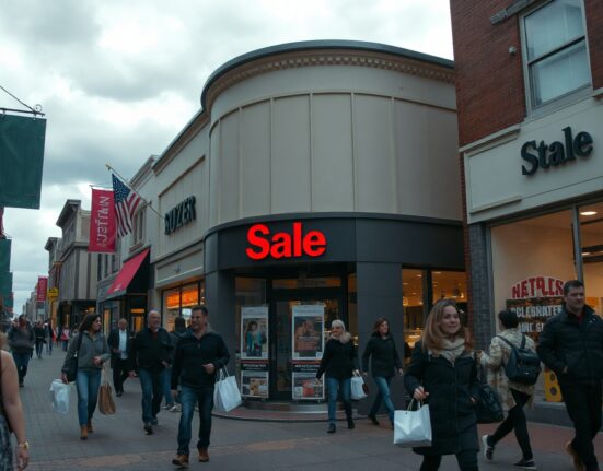 Shoppers walking past storefronts on a cloudy day, reflecting cautious consumer spending.