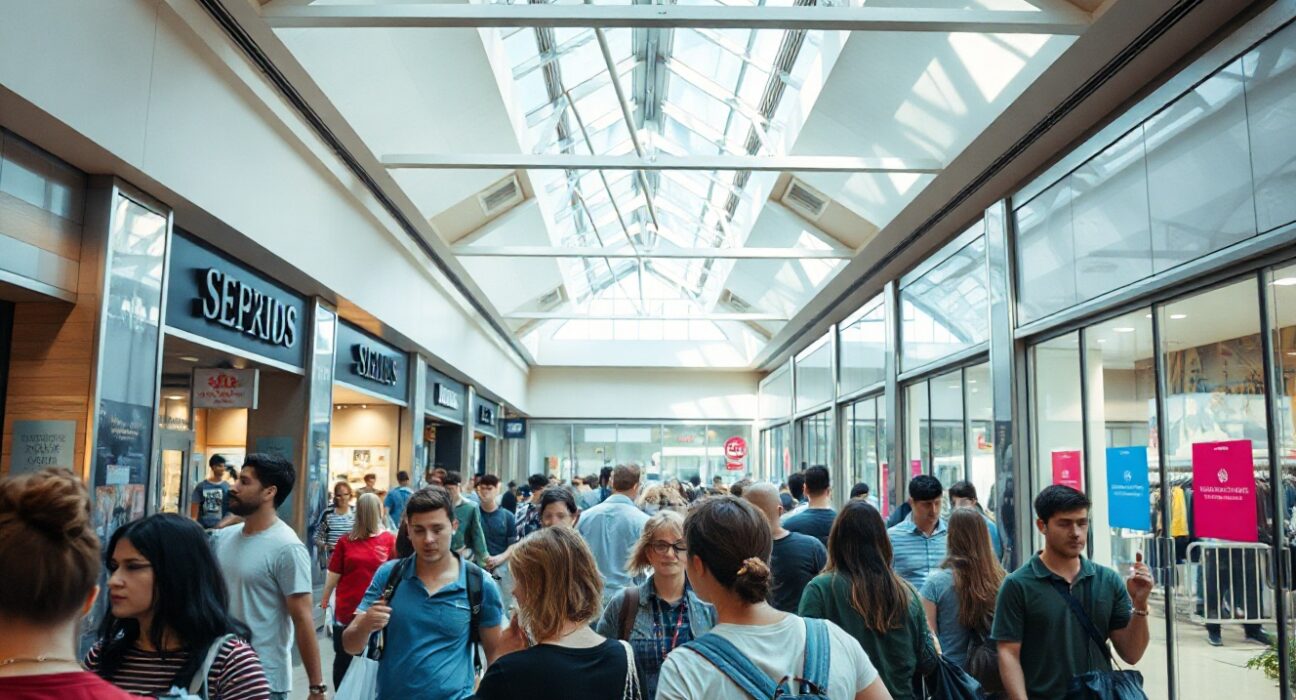 Shoppers in a busy American mall carrying bags, reflecting consumer spending trends.