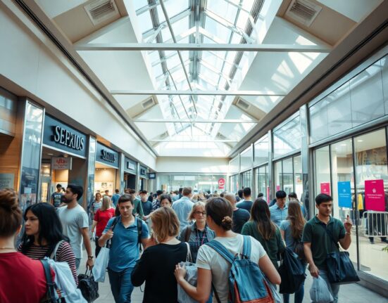 Shoppers in a busy American mall carrying bags, reflecting consumer spending trends.