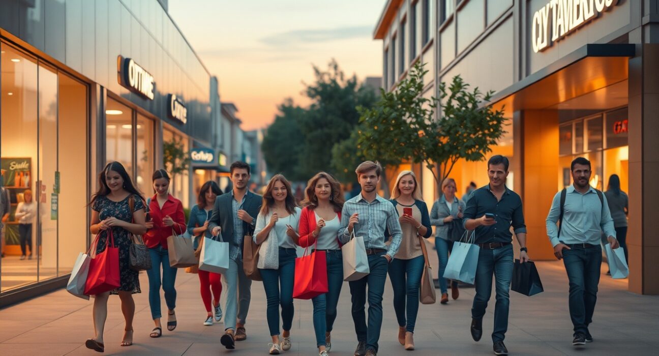 Shoppers in a US retail district reflecting strong March 2025 consumer spending.