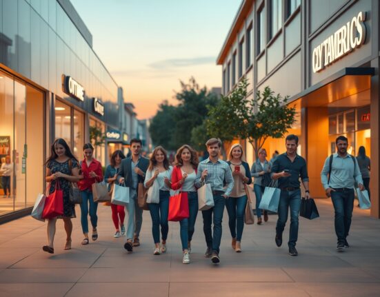 Shoppers in a US retail district reflecting strong March 2025 consumer spending.