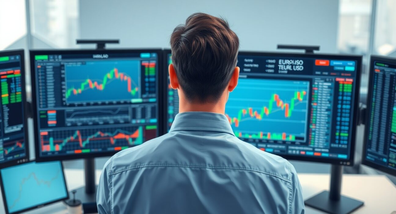 Trader analyzing EUR/USD forex charts during US Retail Sales data release with market impact context