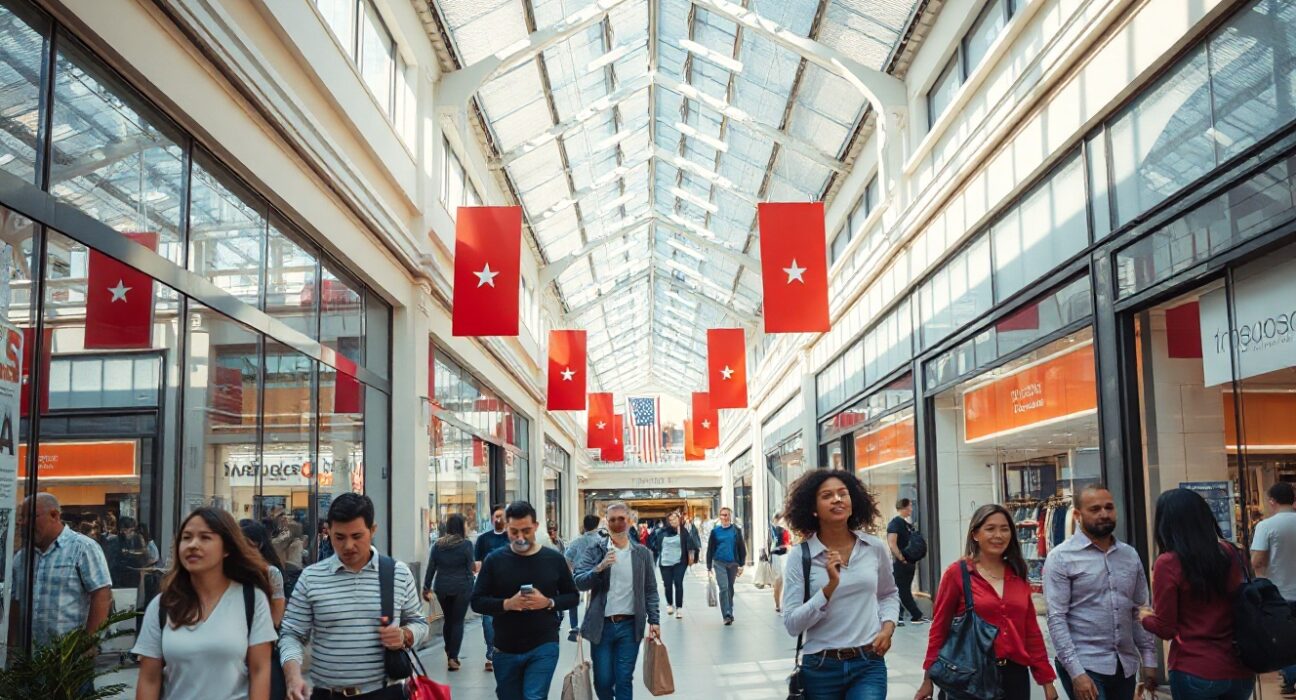 Shoppers walking in a busy American mall with retail stores and natural lighting