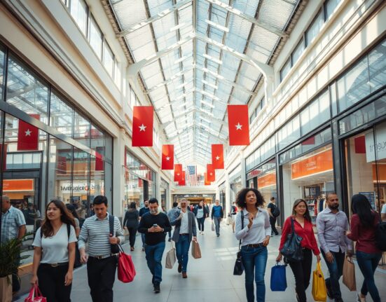 Shoppers walking in a busy American mall with retail stores and natural lighting