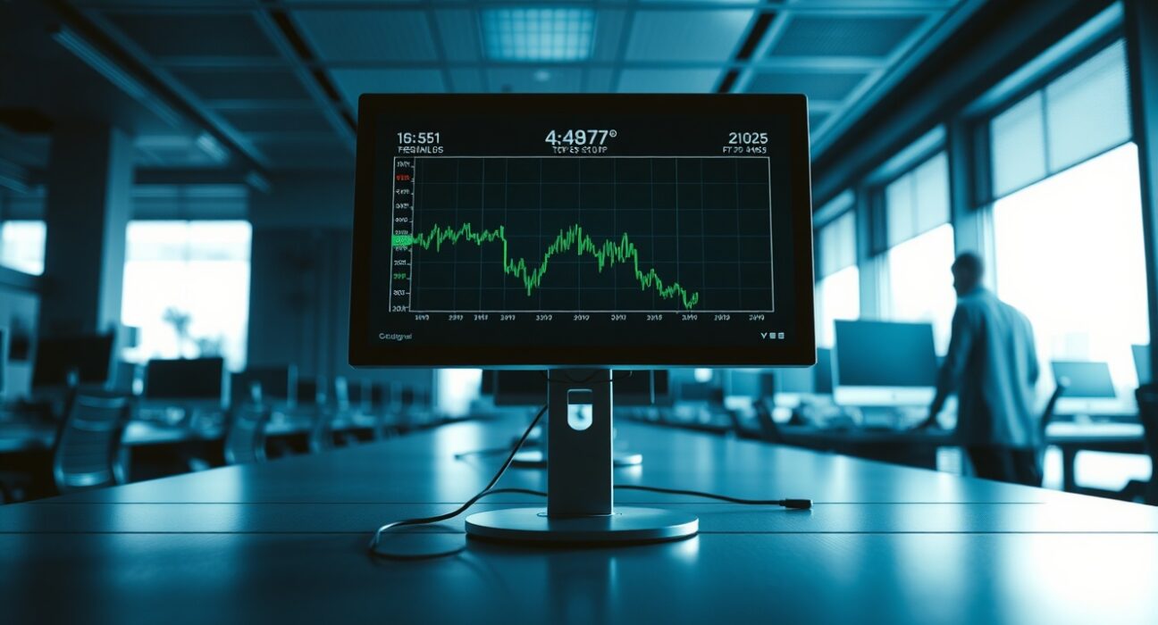 Quiet stock trading floor with monitors showing low activity reflecting drop in retail stock buying