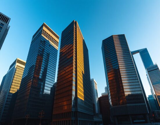 US financial district skyline with digital graph overlays representing revenue resilience after IEEPA ruling