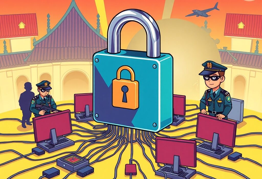 Cartoon illustration showing a decisive US sanctions crypto scam crackdown, protecting victims from digital fraud.