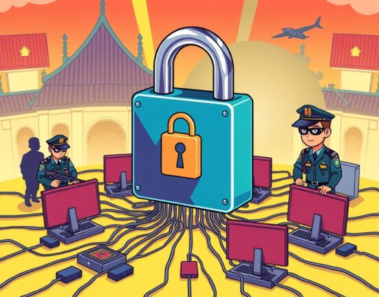 Cartoon illustration showing a decisive US sanctions crypto scam crackdown, protecting victims from digital fraud.