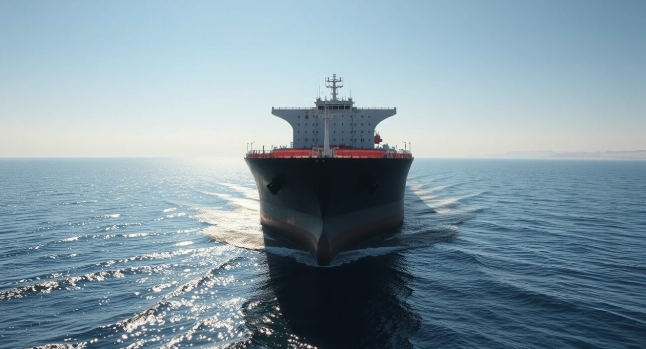 Oil tanker in the Strait of Hormuz, subject of US sanctions on Iran-linked Bitcoin insurance scheme