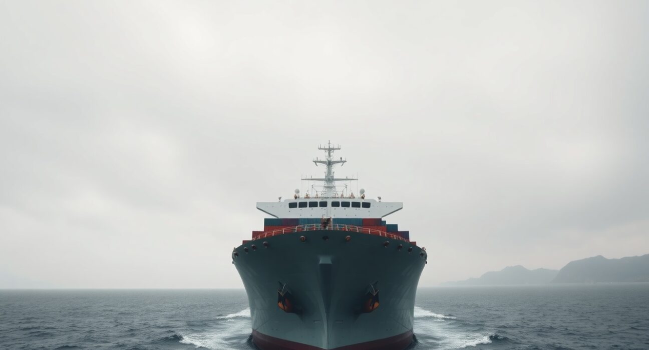 Cargo ship sailing in the Strait of Hormuz near the Iranian coast under overcast sky