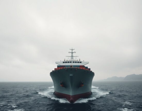 Cargo ship sailing in the Strait of Hormuz near the Iranian coast under overcast sky
