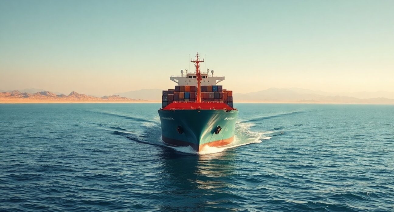 Container ship sailing through the Strait of Hormuz under clear skies with distant mountains