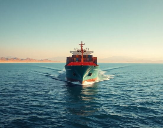 Container ship sailing through the Strait of Hormuz under clear skies with distant mountains