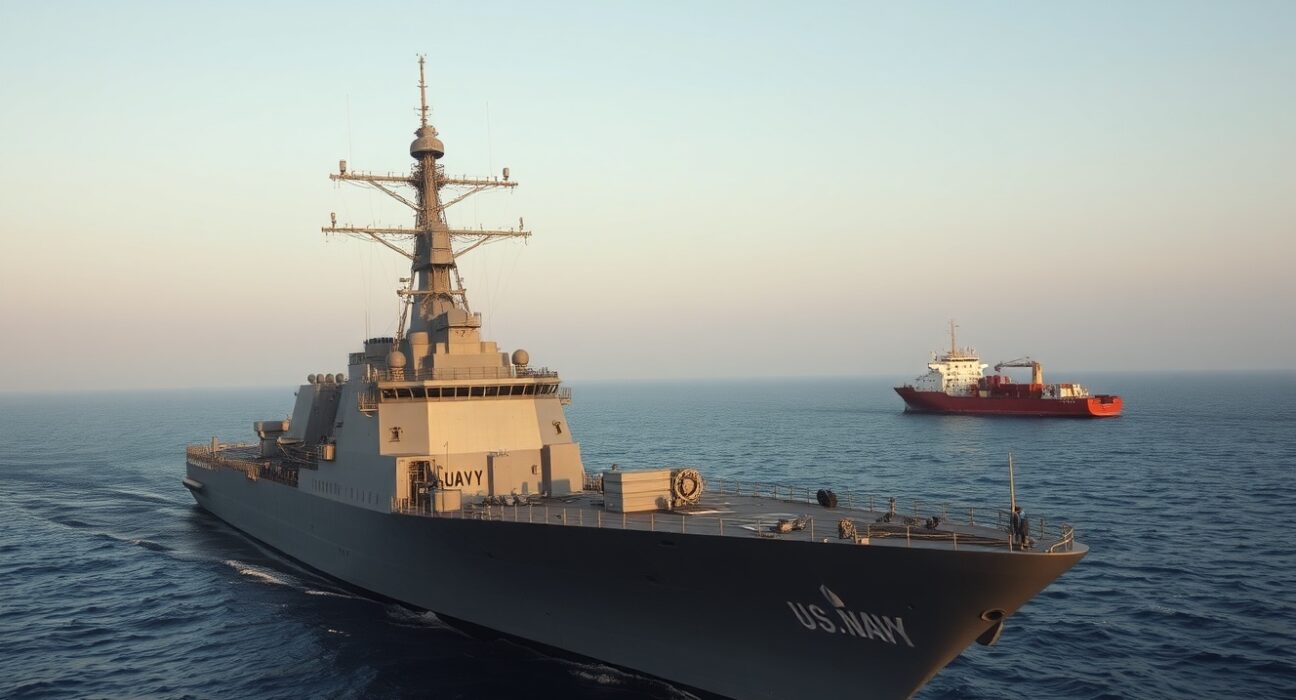 U.S. Navy destroyer intercepting Iranian cargo ship TOUSKA in the Gulf of Oman during a maritime security incident.
