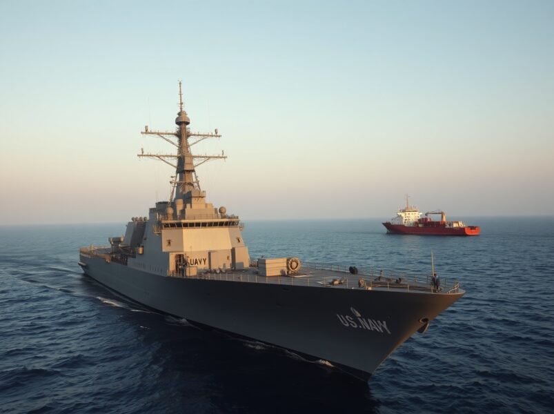 U.S. Navy destroyer intercepting Iranian cargo ship TOUSKA in the Gulf of Oman during a maritime security incident.