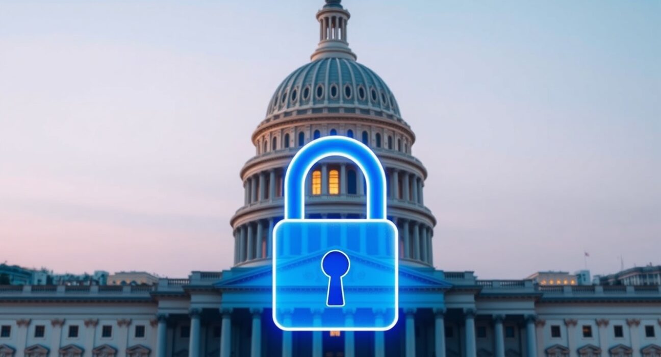 US Capitol building with digital lock representing the CBDC ban in Senate housing legislation.