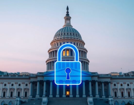 US Capitol building with digital lock representing the CBDC ban in Senate housing legislation.