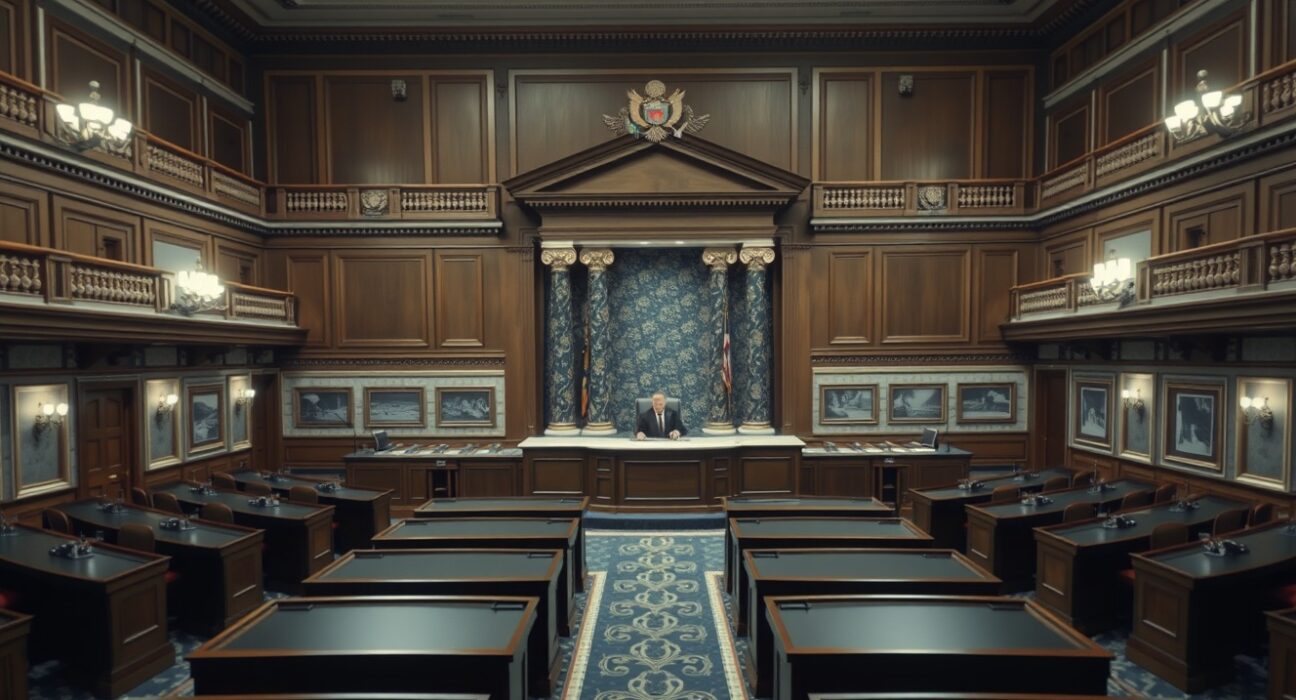 Empty US Senate chamber with presiding officer's dais, awaiting vote on CLARITY Act