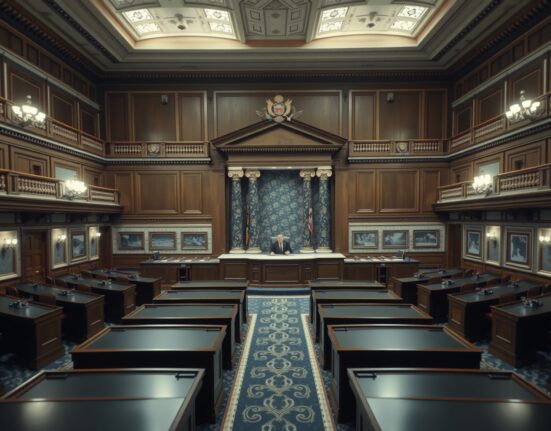 Empty US Senate chamber with presiding officer's dais, awaiting vote on CLARITY Act