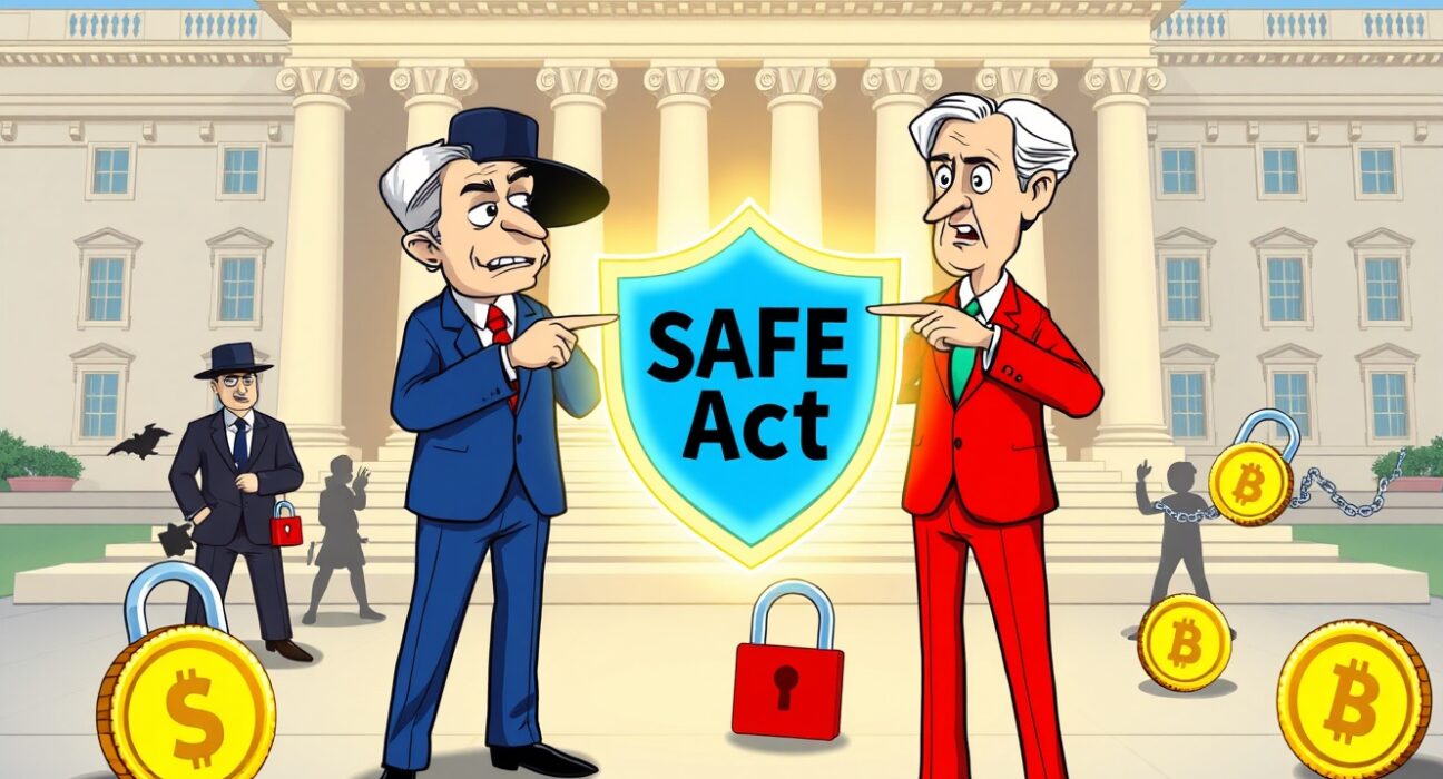 Cartoon illustration of the urgent US Senate crypto fraud crackdown through the SAFE Act bill.