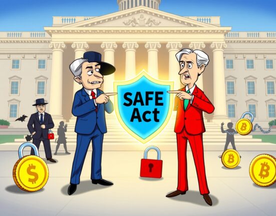 Cartoon illustration of the urgent US Senate crypto fraud crackdown through the SAFE Act bill.