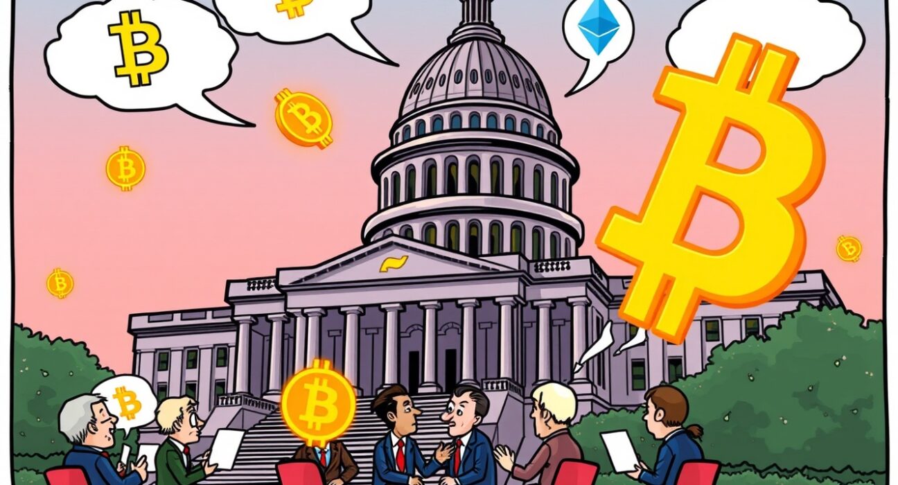 Cartoon illustration of US Senate discussing the crypto market structure bill with cryptocurrency symbols.
