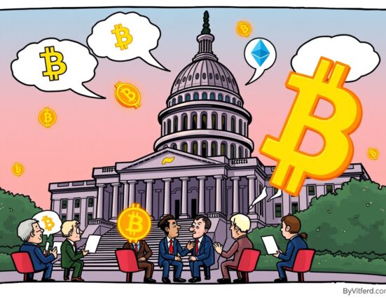 Cartoon illustration of US Senate discussing the crypto market structure bill with cryptocurrency symbols.