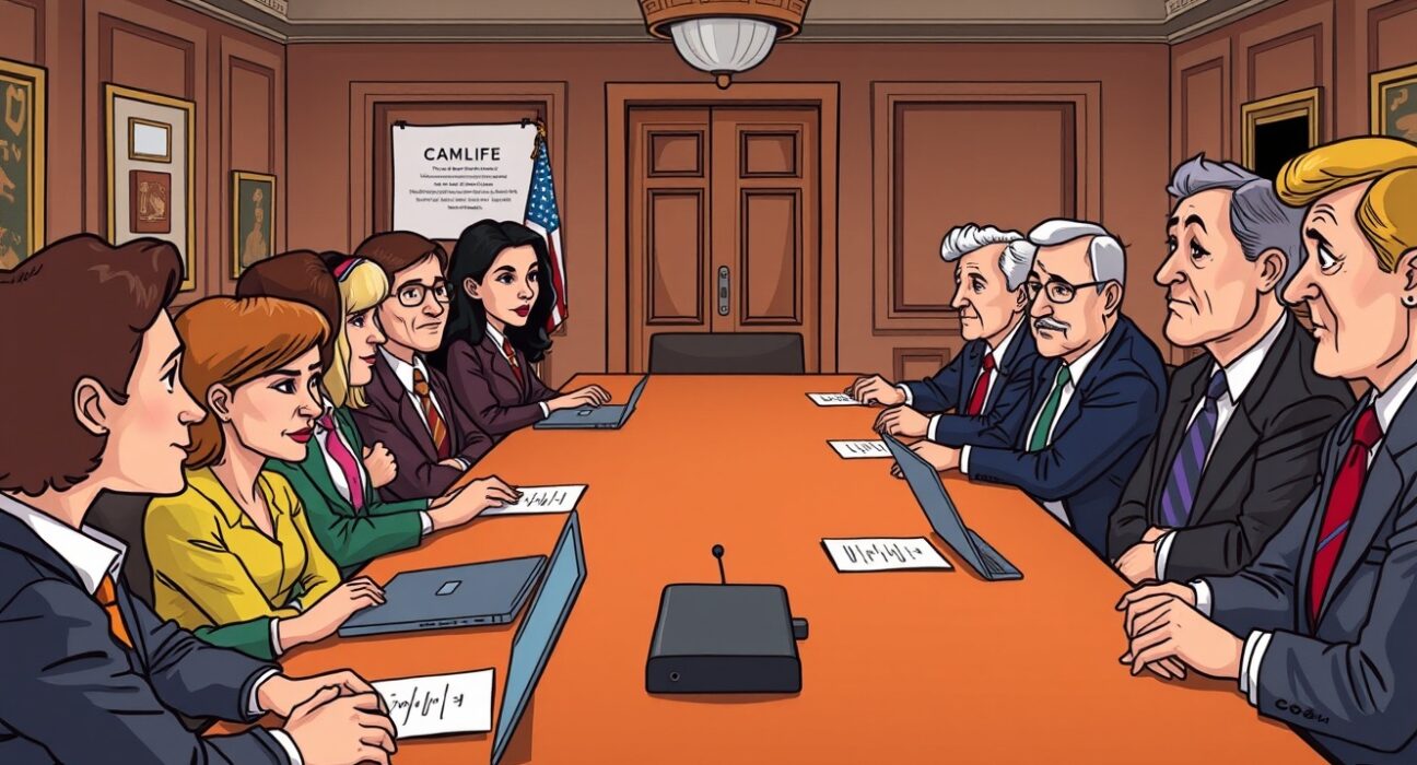 Cartoon showing a pivotal US Senate crypto meeting where industry leaders discuss regulatory frameworks with committee members.