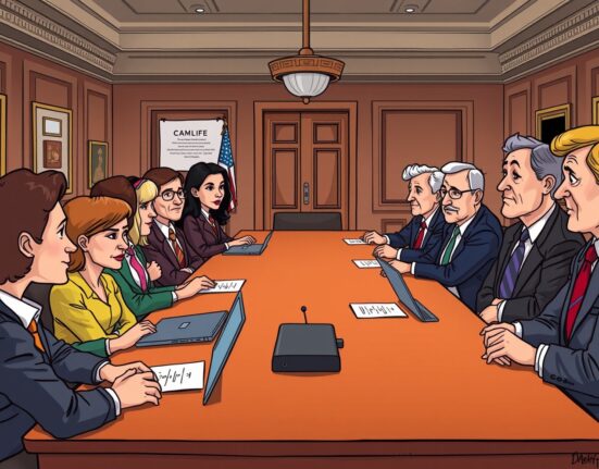 Cartoon showing a pivotal US Senate crypto meeting where industry leaders discuss regulatory frameworks with committee members.