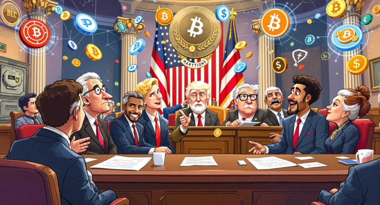 Cartoon illustration showing U.S. Senators discussing the new crypto market structure bill, symbolizing legislative progress for digital assets.