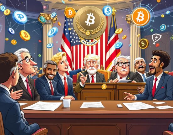 Cartoon illustration showing U.S. Senators discussing the new crypto market structure bill, symbolizing legislative progress for digital assets.