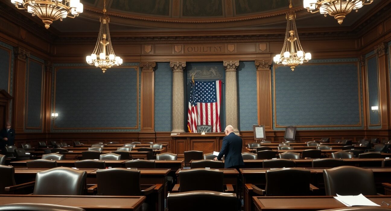 Interior of the US Senate chamber with a senator reviewing documents at a desk, representing the upcoming cryptocurrency tax bill.