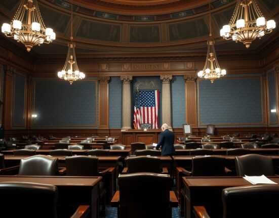 Interior of the US Senate chamber with a senator reviewing documents at a desk, representing the upcoming cryptocurrency tax bill.