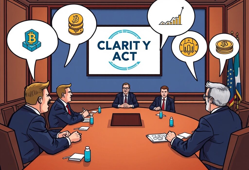 A cartoon illustration showing the US Senate debating a new digital asset bill, symbolizing efforts to establish clear crypto regulations.