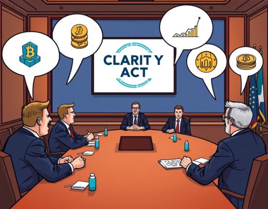 A cartoon illustration showing the US Senate debating a new digital asset bill, symbolizing efforts to establish clear crypto regulations.