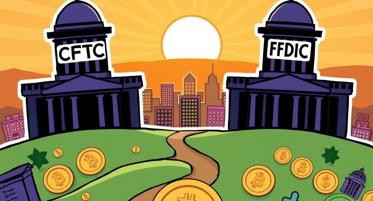 Cartoon illustration of the US Senate vote on CFTC and FDIC chairs impacting cryptocurrency regulation.