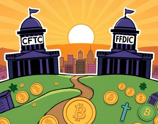 Cartoon illustration of the US Senate vote on CFTC and FDIC chairs impacting cryptocurrency regulation.