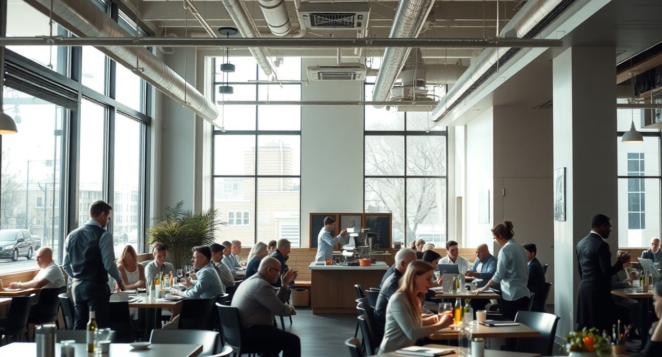Busy restaurant interior representing US service sector activity in June